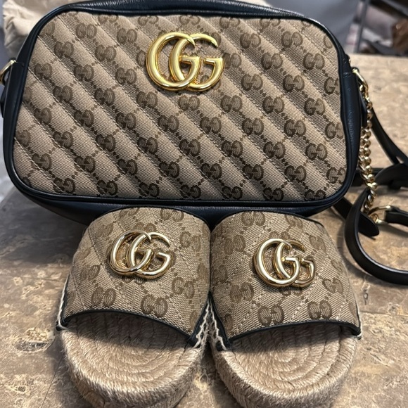 BOTH Gucci Women's Brown Espadrille Slides & Marmont Bag - Picture 1 of 12